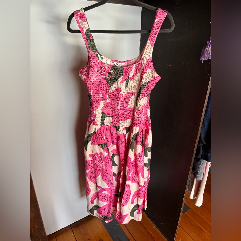 Mixed by Nasrin Pink Orchard Smocked Sleeveless Dress—L